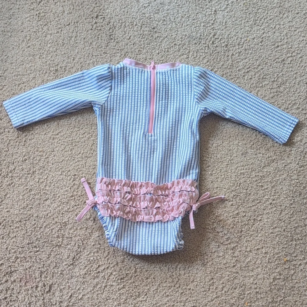 Ruffle Butts Seersucker Long Sleeve Rash Guard Periwinkle Blue Pink Size 6-12 M_8